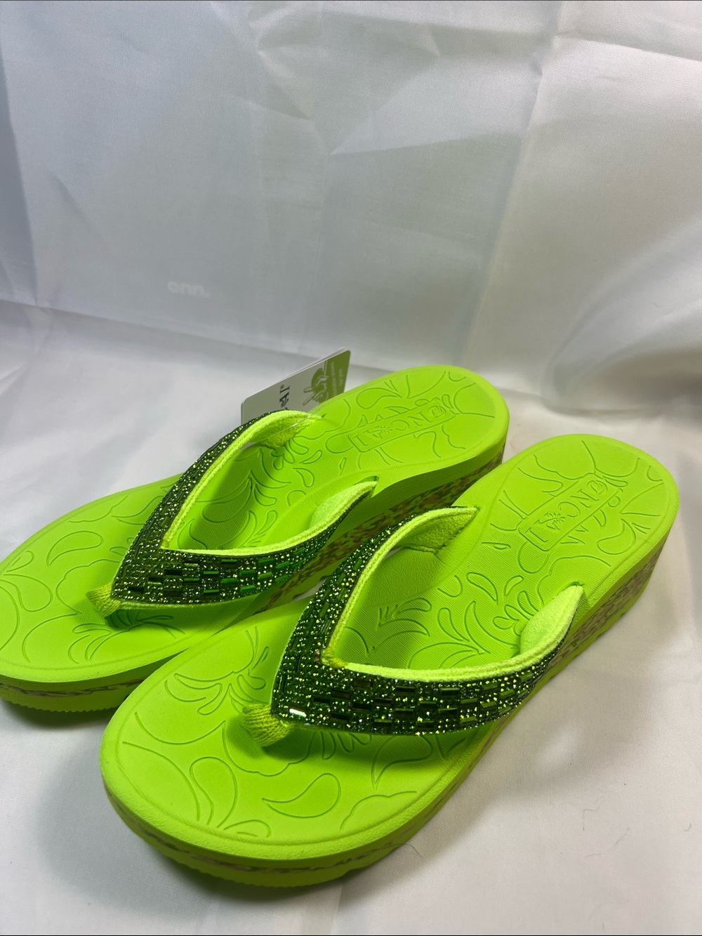 Women’s Neon Green Beaded Platform Flip Flops
